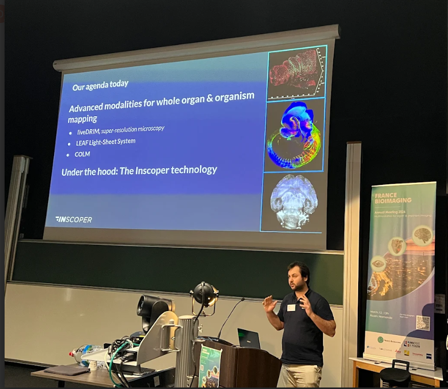 France-BioImaging picture illustrating Inscoper speaker presenting Inscoper's unified imaging software control solutions during the event in Rouen University in France