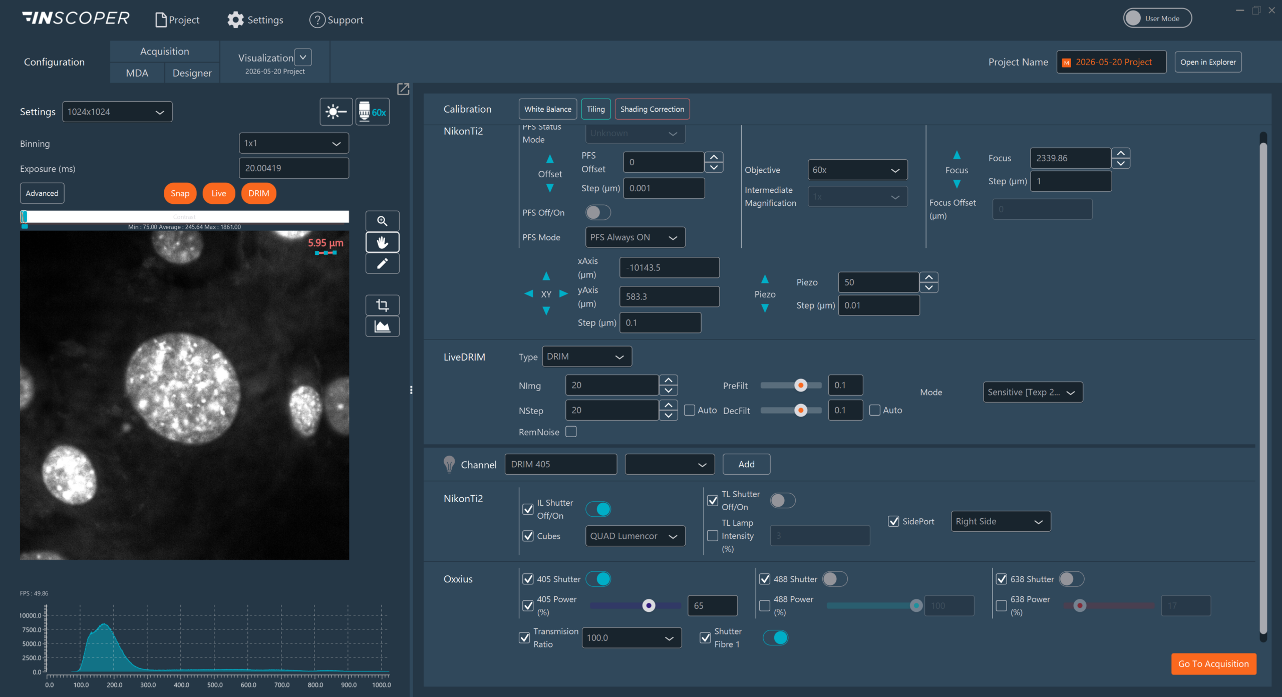 liveDRIM-ConfigurationScreen Inscoper Image Software print screen showing liveDRIM configuration