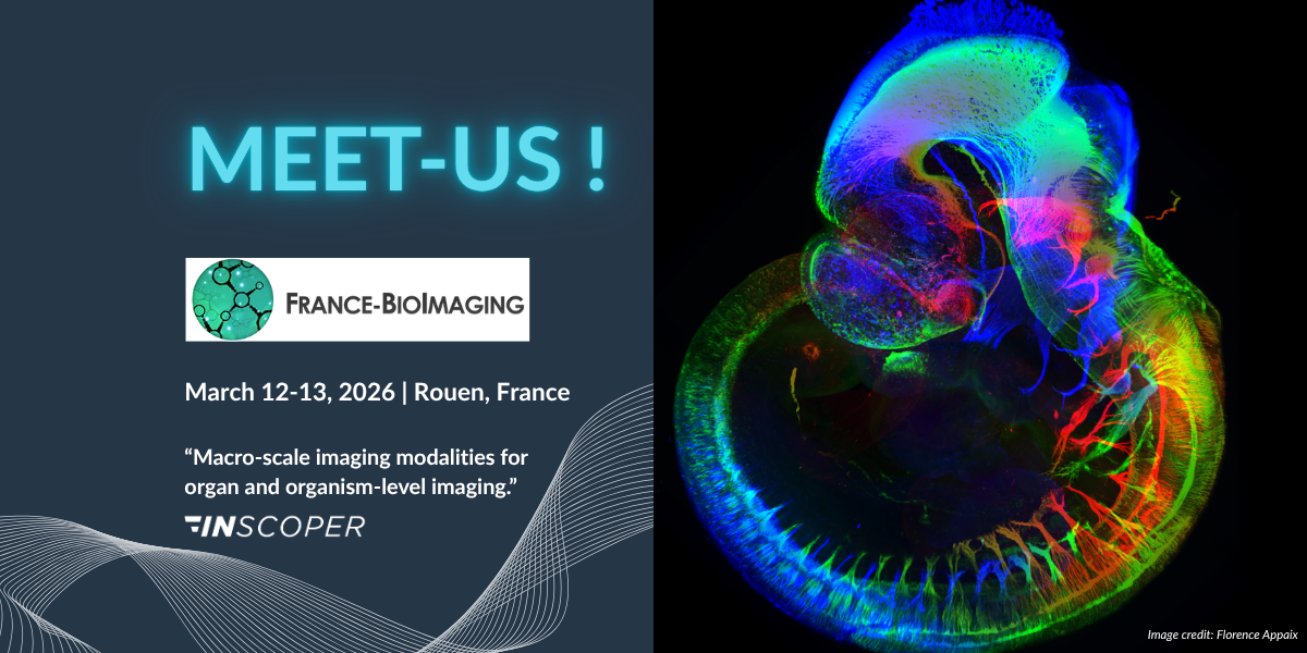 Inscoper at France-Bio Imaging conference in Rouen, France March 12 and 13 june 2026 event promotion image with a Mouse embryo
