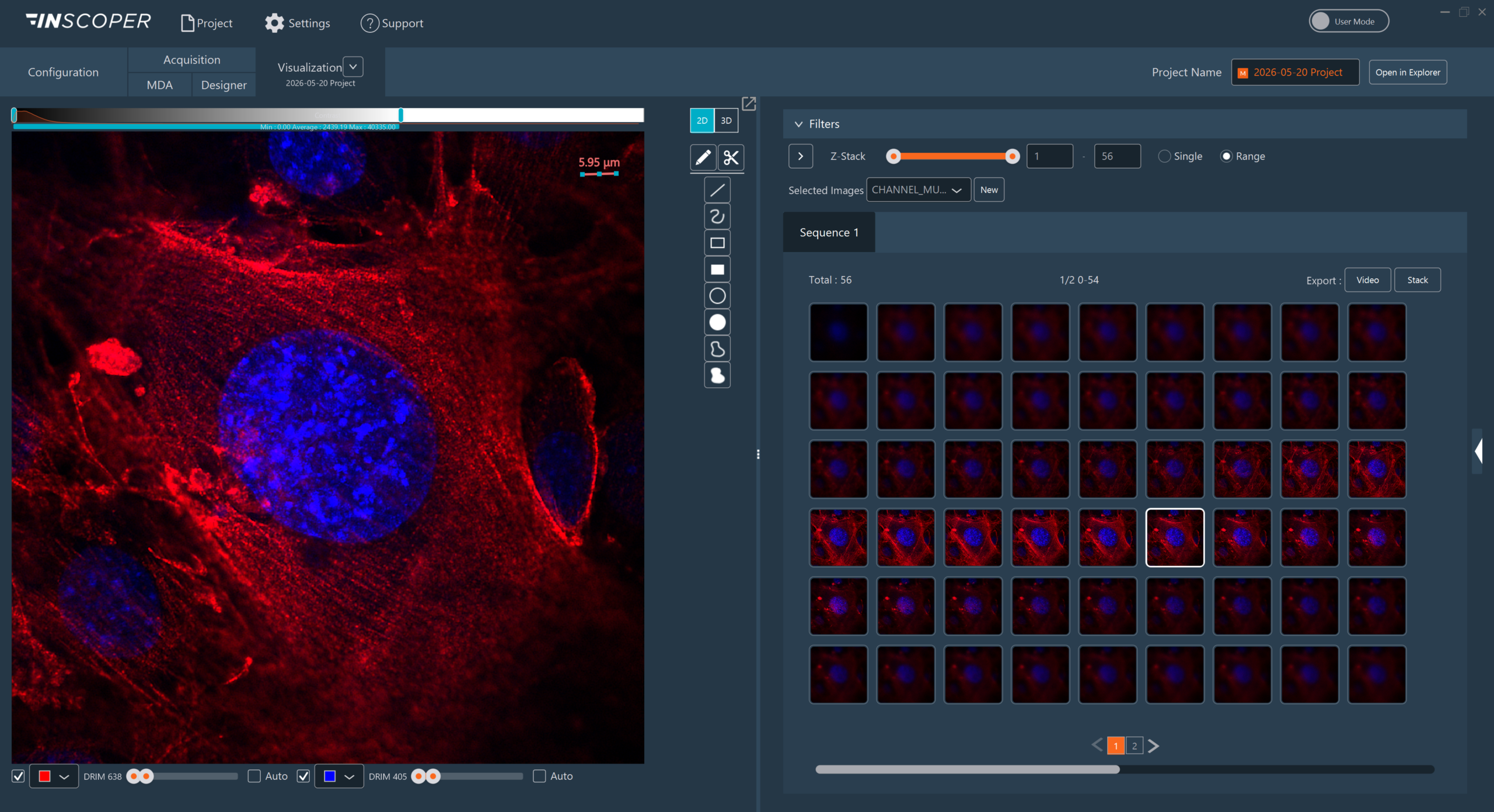 inscoper-visualization-tab NSCOPER image visualization interface displaying multidimensional fluorescence microscopy data with real-time image review.